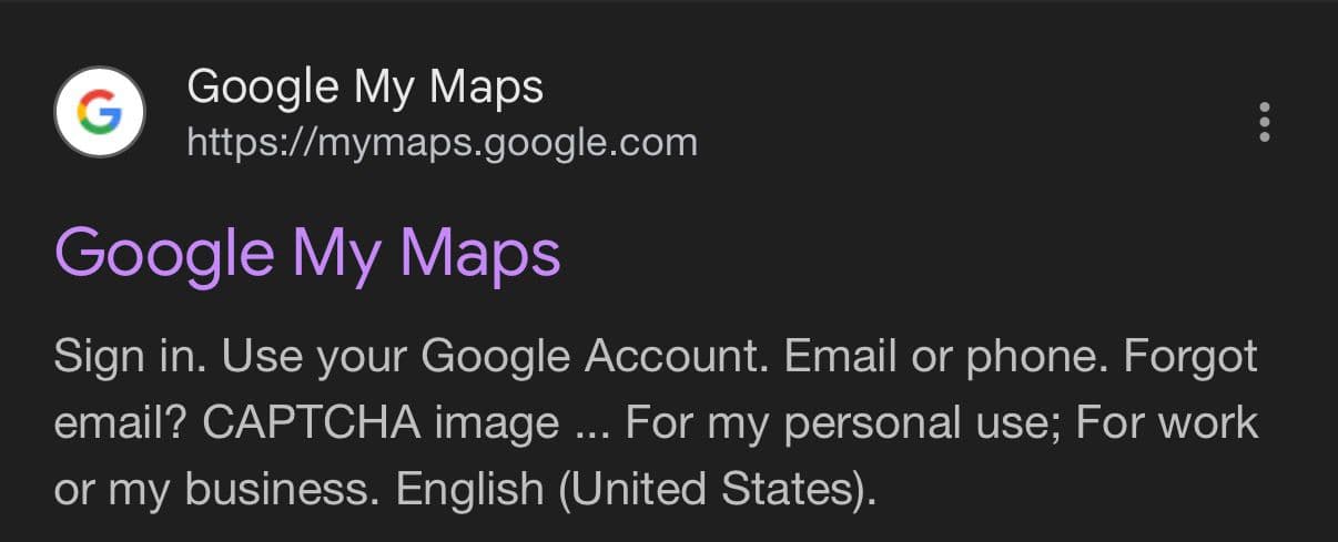 Google My Maps home page on web browser
